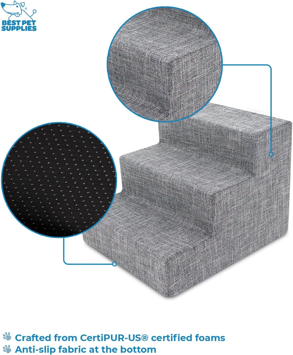 Best Pet Supplies Dog Stairs & Steps - Foam Steps for Small Dogs & Cats, Non-Slip Indoor Balanced Pet Step Support, Dog Ramp, No Assembly, Ash Gray Linen, 2-Step (12-inch Height)