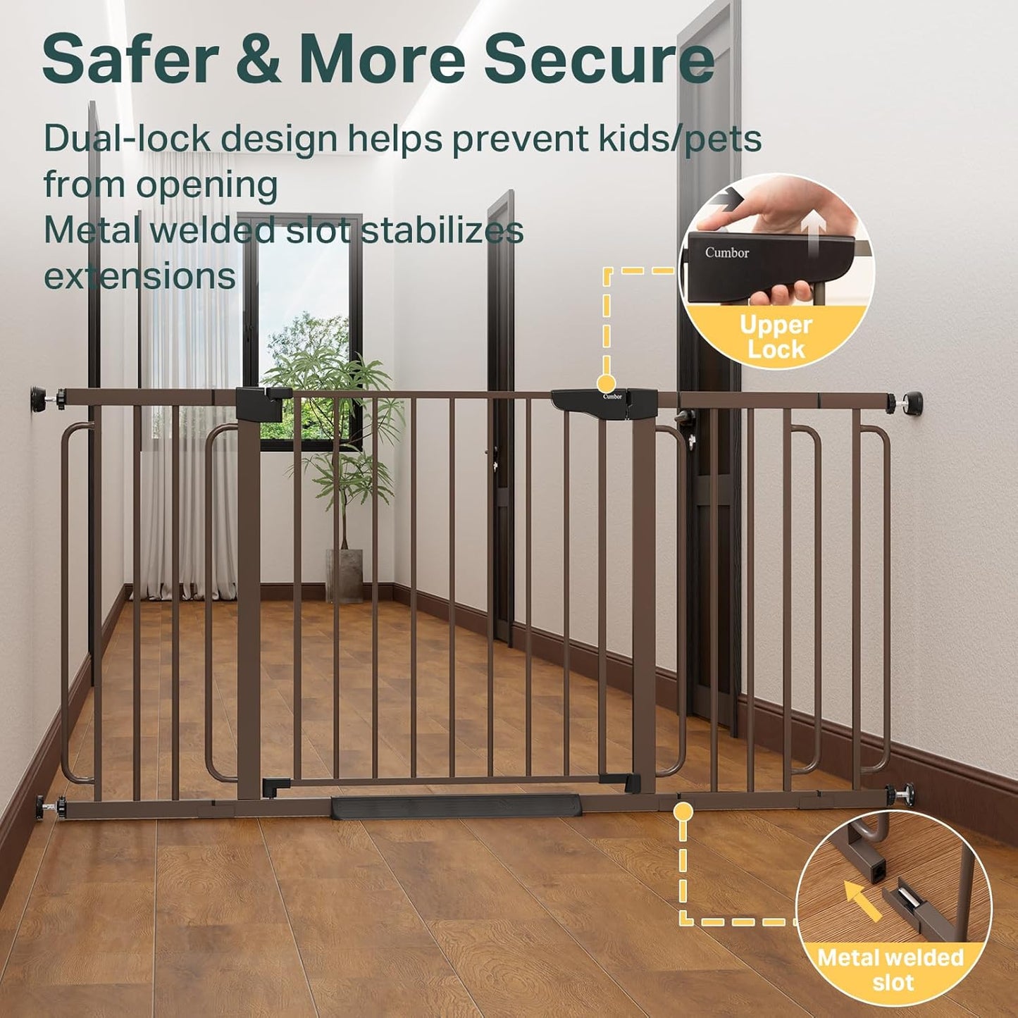 Cumbor 36.6-64" Extra Wide Baby Gate for Stairs, Dog Gates for Doorways, Auto-Close Pet Gate Indoor, Pressure Mounted Walk Through Safety Child Gate for Kids Toddler, Tall Pet Puppy Fence Gate, Brown