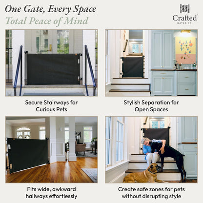 Crafted Gates Oil Waxed Canvas Fabric Retractable Dog Gate Indoor & Outdoor 27.6"–55" Wide x 33" Tall – Premium Designer-Grade Stair Gate for Dogs, Water Resistant, Scratch-Proof – Black