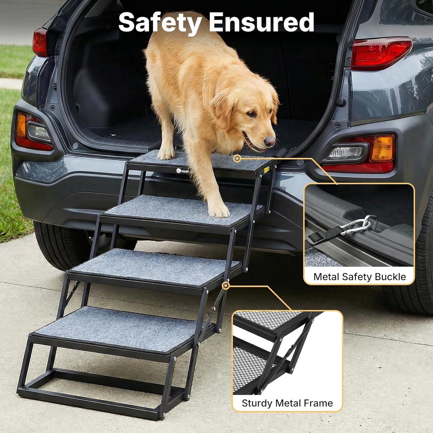 Veehoo Collapsible Dog Stairs for Large Dogs Extra Wide, 4 Steps Folding Dog Steps for Car Truck SUV 20" Wide, Heavy Duty Pet Loader Ramp Ladder Portable with Non Slip Surface, Support up to 200lbs