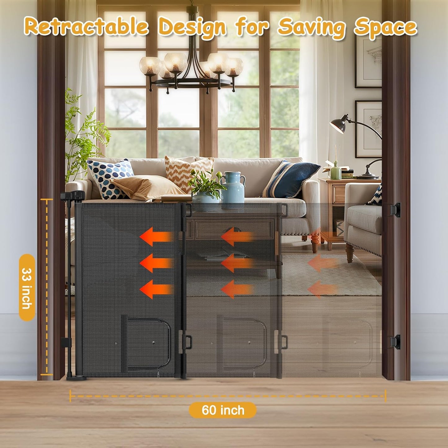 Reinforced 60” Wide Retractable Dog Gate with Cat Door Gates for Pets with Reinforced Strips 33” Tall Mesh Baby Gate Retractable Pet Gates for Dogs Indoor with Door Cats Can in and Out Freely, Gray