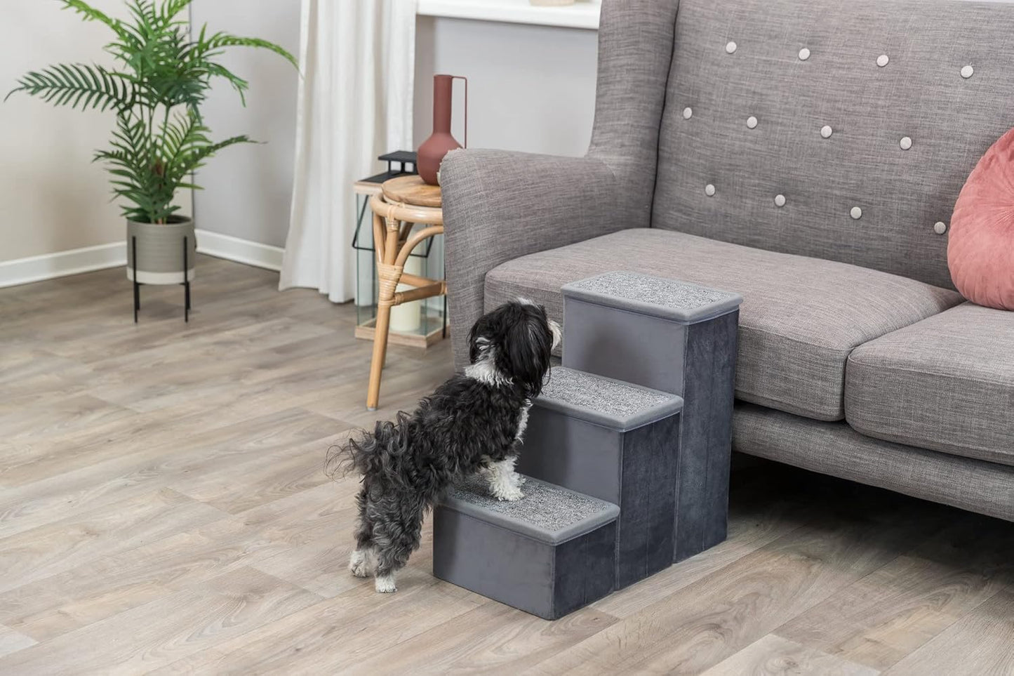 Trixie Velour Dog Stairs with Tread Steps - 4 Step Pet Stairs for Beds and Couches - Foldable with Additional Storage Space - Gray