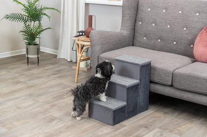 Trixie Velour Dog Stairs with Tread Steps - 4 Step Pet Stairs for Beds and Couches - Foldable with Additional Storage Space - Gray