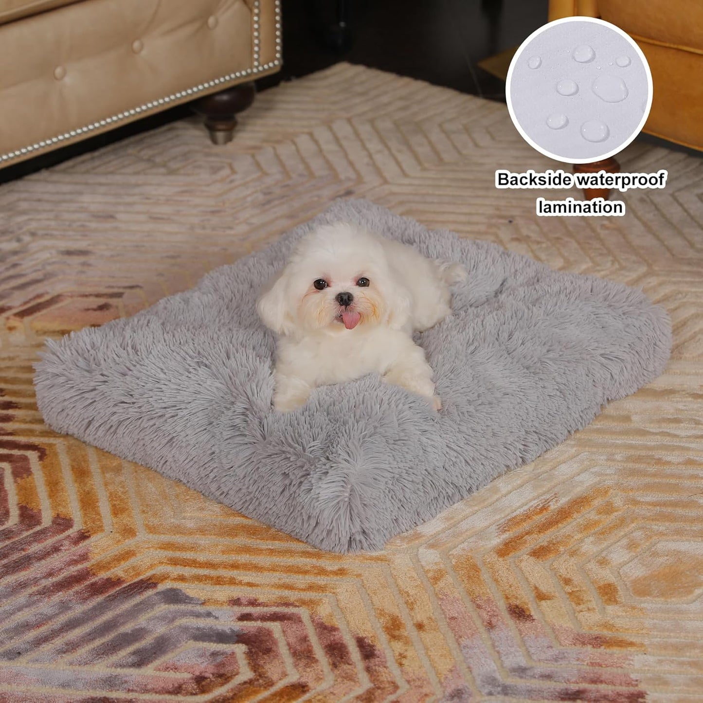 Bedfolks Waterproof Dog Crate Bed, Plush With Removable Washable Cover, Faux Fur Crate Pad for Medium Dogs, Fluffy Kennel 29"x21", Dark Grey