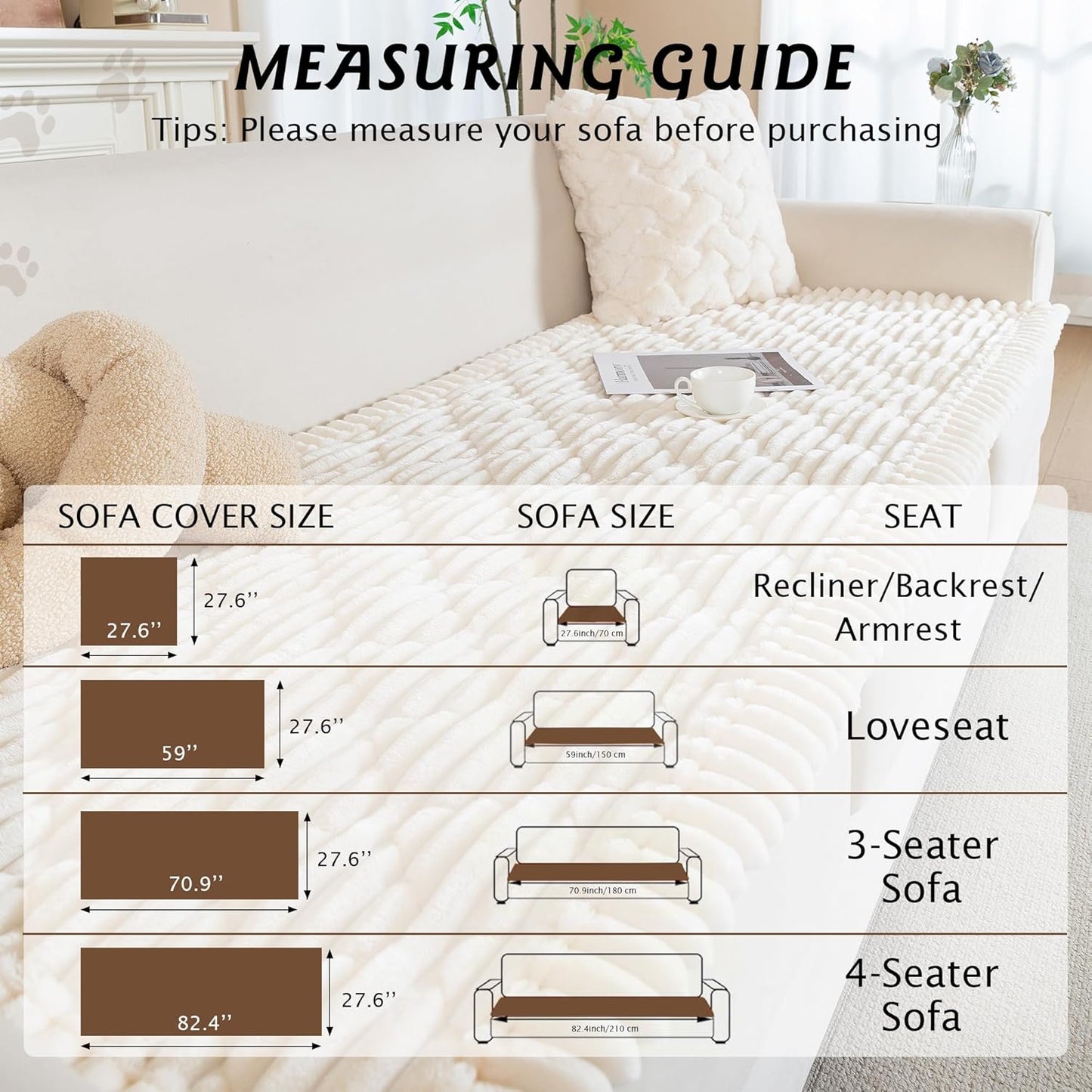 PuTian 100% Waterproof Fuzzy Couch Cover for Dogs Washable Non-Slip Furniture Cover Pet Friendly Dog Mat for Couches and Sofas White 27.6''x59'' 70cmx150cm