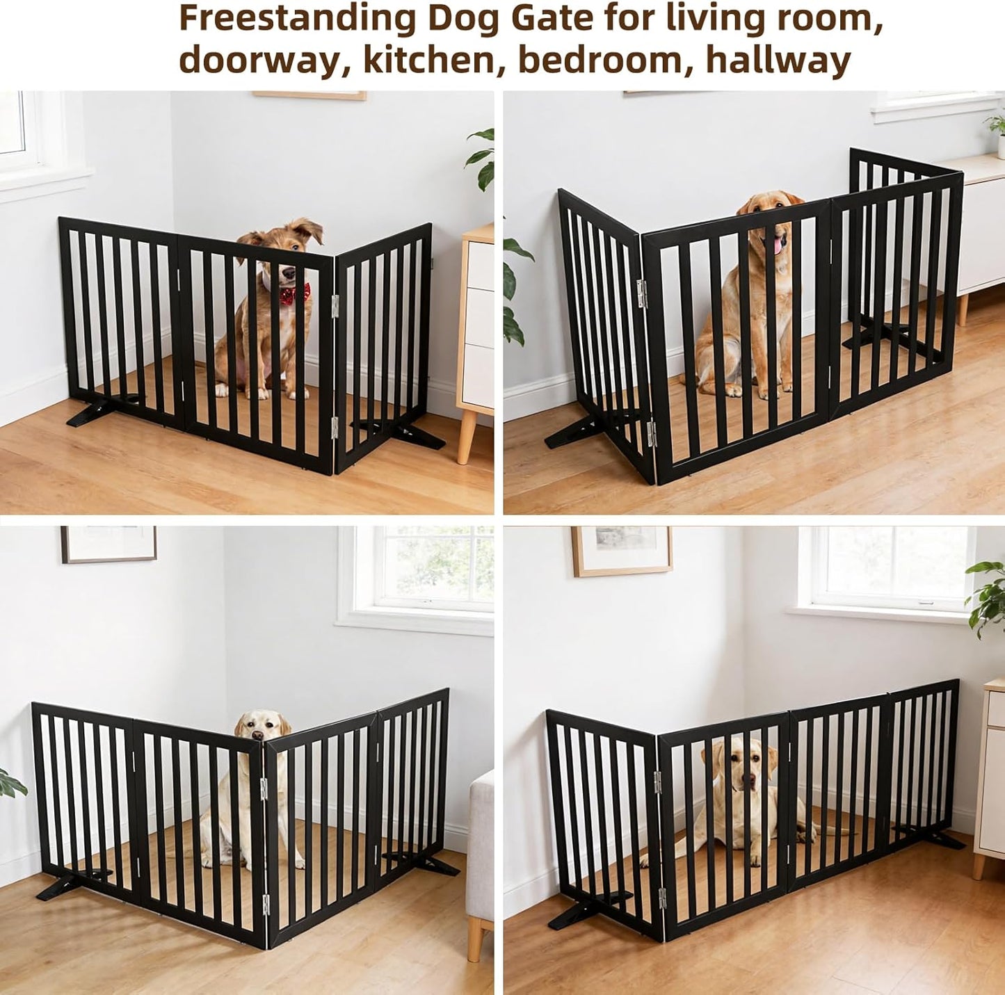 ZJSF Freestanding Indoor Dog Gate for House Foldable Wood Puppy Gate for Doorways Pet Gate for Stairs Extra Wide Pet Fence, Brown, 24" Height 3 Panels