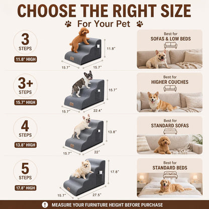 4-Step Dog Stairs for Small Dogs & Cats, 13.8" H Non-Slip Pet Steps with Side Storage Pocket, Sturdy High Density Foam Dog Ramp for Sofa, Couch & Chair, Washable Cover, Grey