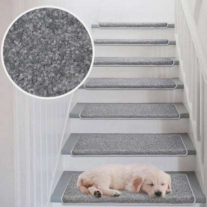 PURE ERA Bullnose Carpet Stair Treads Set Tape Free Non-Slip Indoor Stair Protectors Pet Friendly Rugs Covers Soft Skid Resistant Washable Reusable 9.5" x 30"(14 Pieces,Cream Gray)