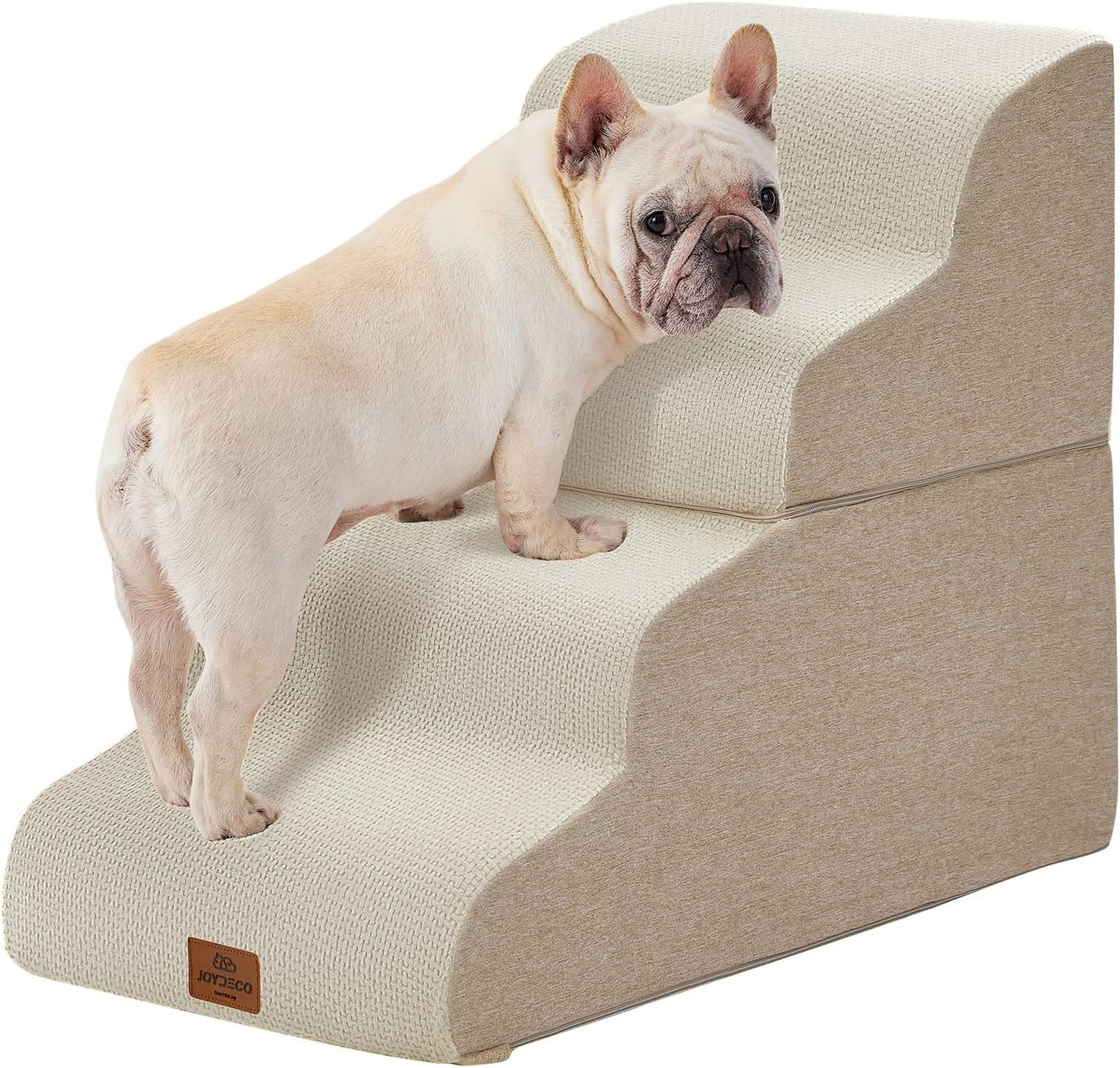 Joydeco Dog Stairs for Bed 17.1" H, 3-Step Pet Steps for Small Dogs and Cats, Dog Steps for High Bed, Non-Slip Balanced Ramp Indoor Pet Stairs, Beige