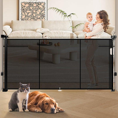 236" Retractable Baby Gate Extra Wide, 41" Tall Retractable Dog Gate for Stairs, Doorways, Decks, Mesh Gate Long Child Gate Pet Gate for Indoor, Outdoor, with Reinforced Mesh Rods, Dual Locks