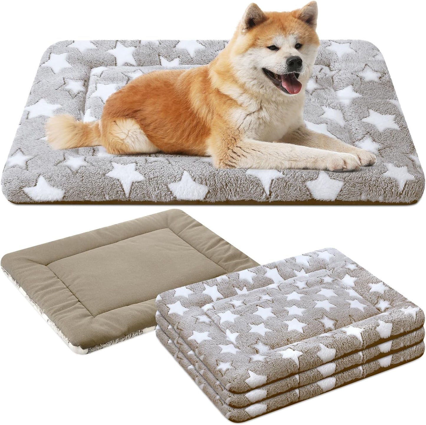 VitalCozy 4 Pcs Dog Crate Pads, Ultra Soft Warm Washable Anti-Slip Kennel Bed Mat for Pets, Reversible, Replaceable, Cage Liner for Small Medium Large Dogs and Cats (18 x 24 x 1.6 Inch,Star,Gray)