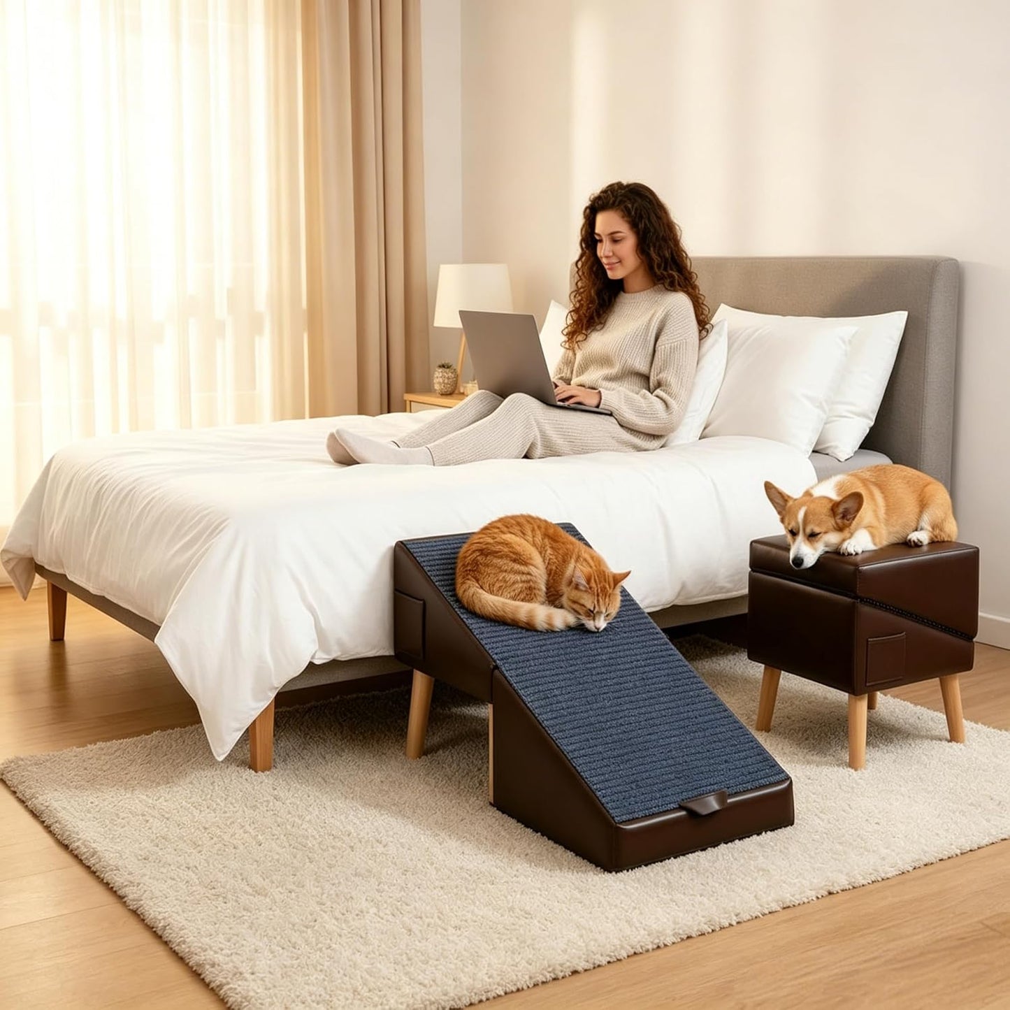 Dog Ramp for Small Dogs, 13.5" H-16 Wide Foldable Dog Stairs Ottoman for Bed and Couch,2 in 1 Pet Ramp & Steps,Split Ottoman Design,Non-Slip Wooden Pet Stairs for Puppy Senior Injured Dogs & Cats
