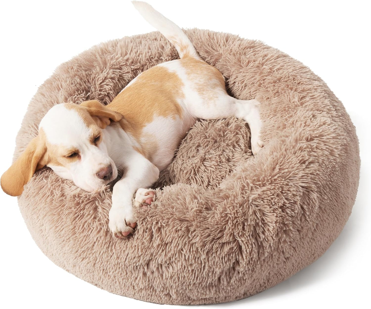 Bedsure Calming Dog Bed Medium Size Dog - Donut Washable Medium Pet Bed, 30 inches Anti-Slip Round Fluffy Plush Faux Fur Cat Bed, Fits up to 45 lbs Pets, Camel