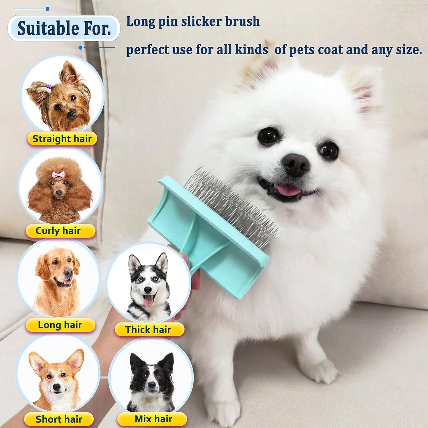 Slicker Brush for Poodles and Goldendoodles - Curved Brush for Thick, Fluffy, Shedding Fur on Dogs and Cats - Soft, Gentle Pins for Grooming (Blue)