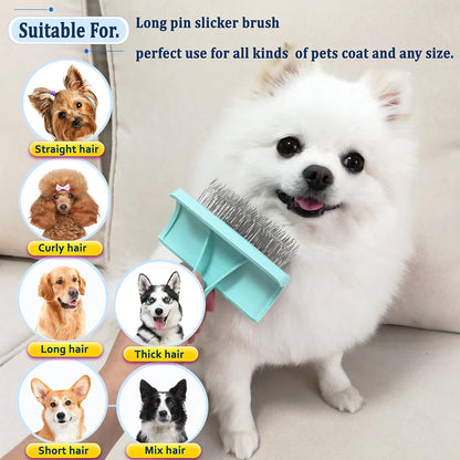 Slicker Brush for Poodles and Goldendoodles - Curved Brush for Thick, Fluffy, Shedding Fur on Dogs and Cats - Soft, Gentle Pins for Grooming (Blue)