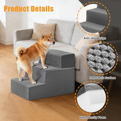 NEWBULIG 3-Step Dog Stairs, 15.7" H Dog Steps for Sofa and Chair, Non-Slip Sturdy Pet Steps for Small Dogs and Cats, Pet Ramp for High Bed Indoor(Grey)