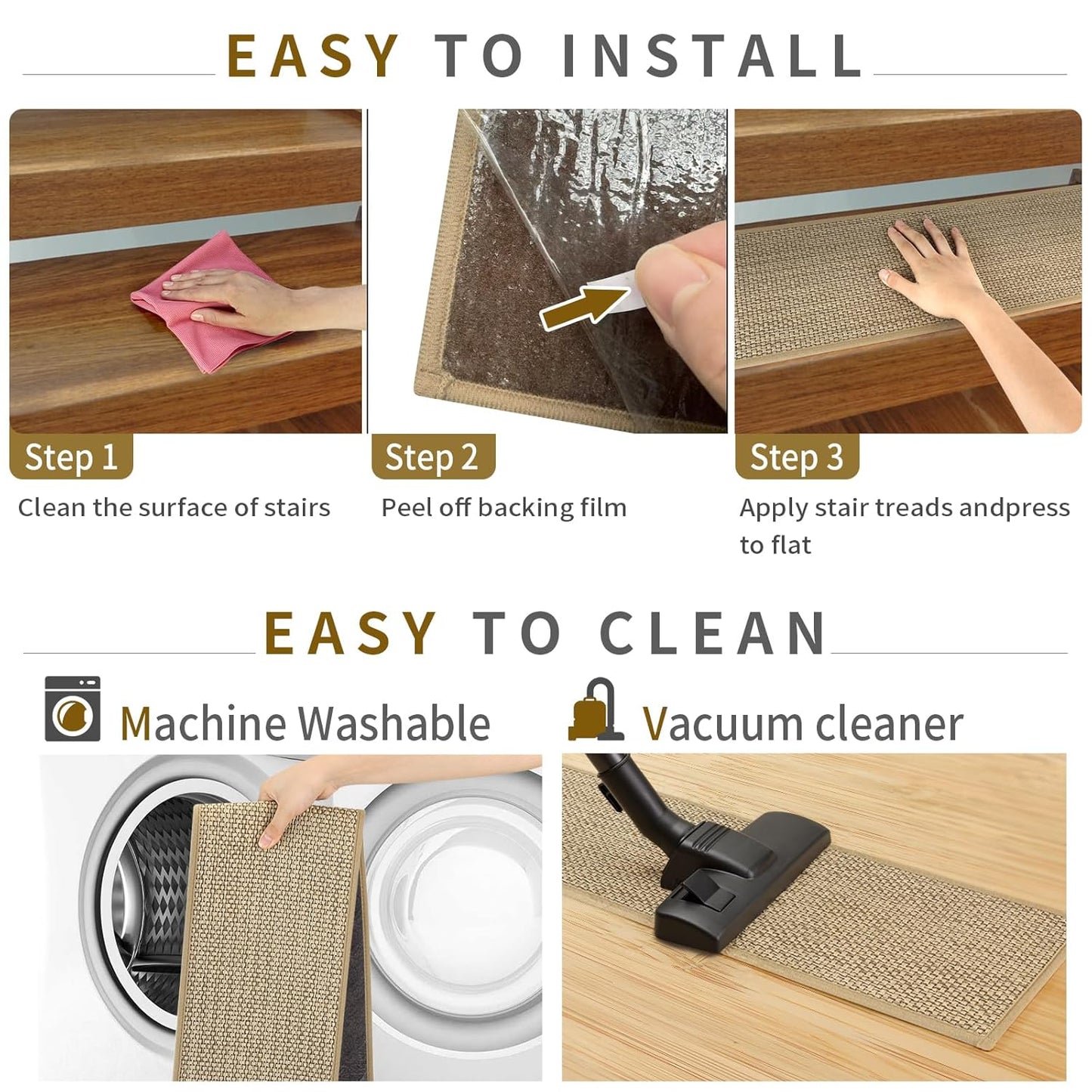 SMILOOL Stair Treads Non Slip for Wooden Steps Indoor 10" x 36" 4 Pack Extra Wide Stair Tread Carpet Stairs Runner, Step Pads with Reusable Adhesive for Dogs Kids Elders, Machine Washable, Beige