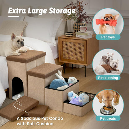Dog Stairs with Storage, 4-Step Wider Sturdy Dog Steps for Small/Medium/Large Dogs and Older Cats, Folding Doggie Ramp for Bed/Couch/Car Hold Up to 180 lbs (22" H, Brown)