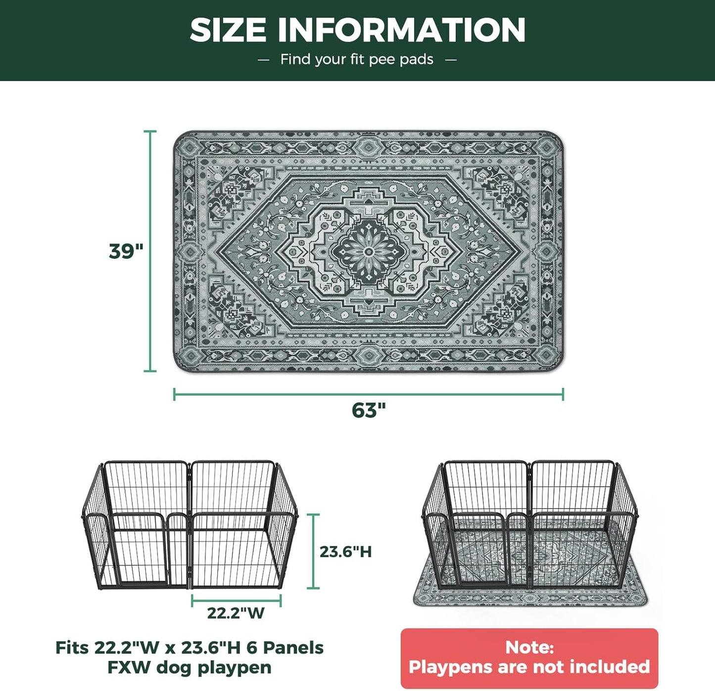 FXW Washable Pee Pads for Dogs, Puppy Pads with Super Absorbent, Specifically Designed for FXW Rollick/Homeplus 24inch 6 Panels Dog Playpen, 39" x 63" Rectangle, Khaki, 1 Pack