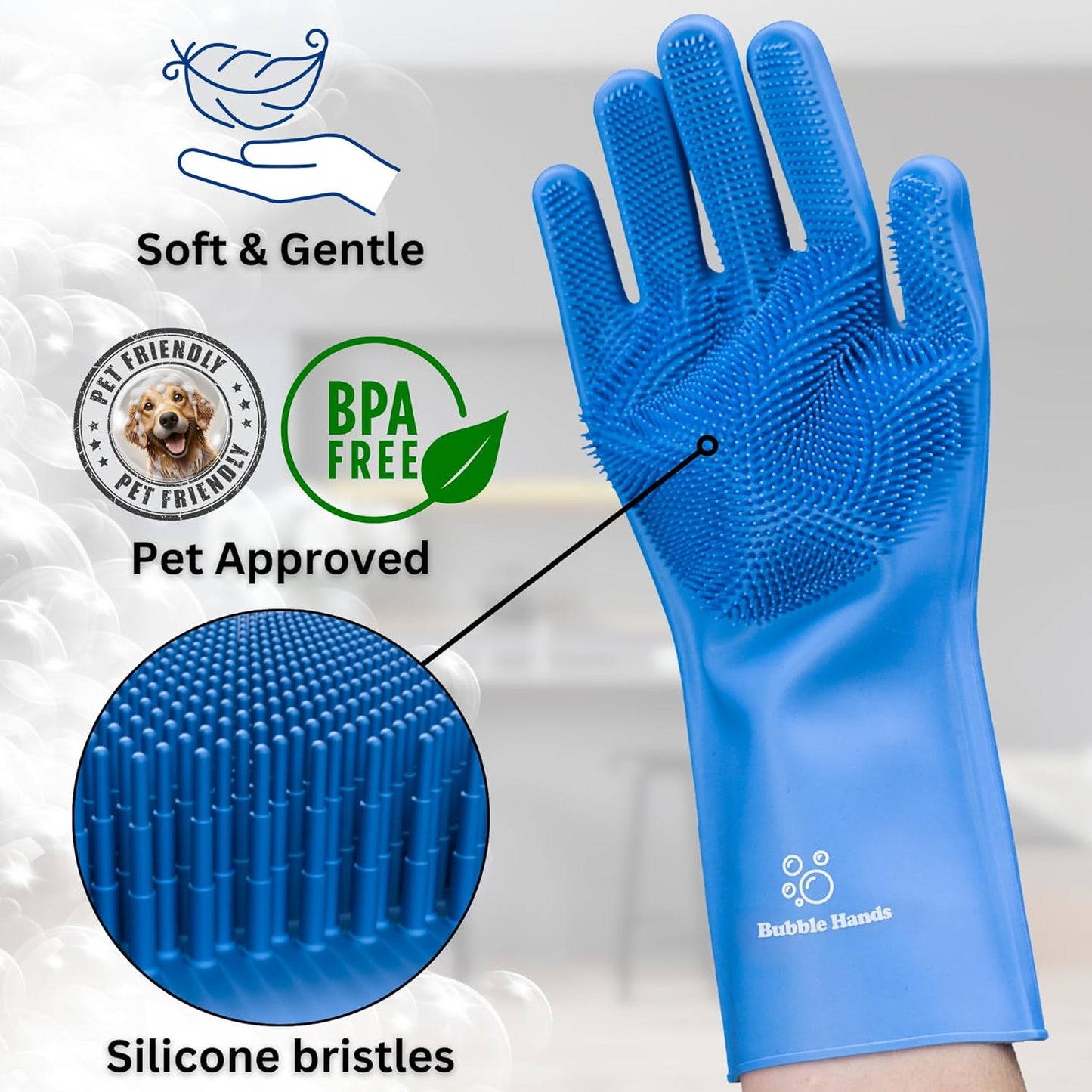 Dog Washing Gloves with Bristle Scrubbers, Reusable Silicone Gloves Ideal for Pet Bathing, Massaging & Grooming (Gray)