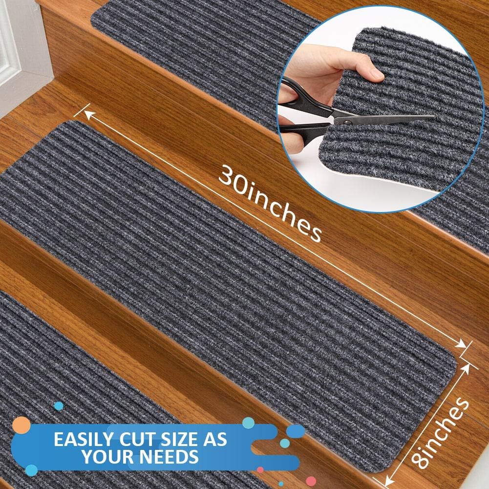 RIOLAND Stair Treads Carpet Non-Slip Indoor Stair Runners for Wooden Steps, Stair Rugs for Kids and Dogs, Set of 15, 8" X 30", Gray