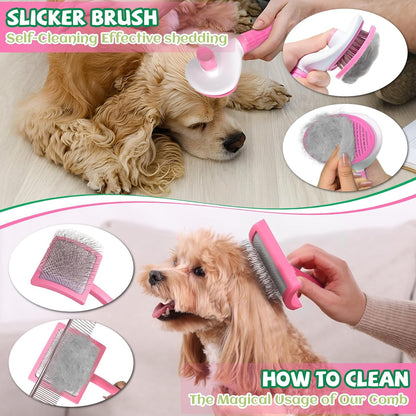 8PCS Dog Slicker Brush for Dogs Grooming Kit,Bath Grooming Kit for Pets,Hair Brush Set with Towel,Washing Gloves,Slicker Comb,and Shampoo Scrubber Brush for Small and Large Dogs and Cats(Blue)