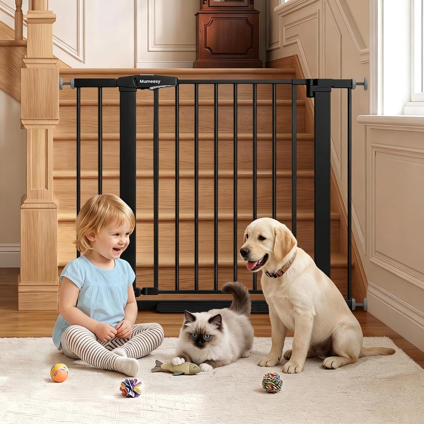 Baby Gate for Stairs, 29.7-40.6" Auto Close Dog Gate Indoor for Doorways, Dual-Lock Design, Adjustable Pet Gate No Drilling with Walk Thru Door for Hallways, Stroller Friendly, Black