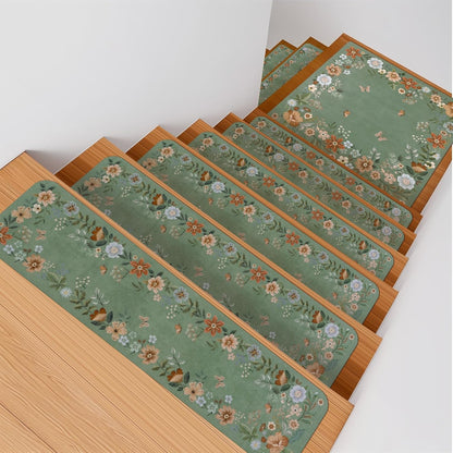 OJIA Floral Stair Treads Non-Slip Carpet Stair Treads for Wooden Steps Indoor 15PCS 30"x8" Stair Runner Stair Mats Staircase Step Treads for Kids, Elders and Dogs, Stair Covers, Black