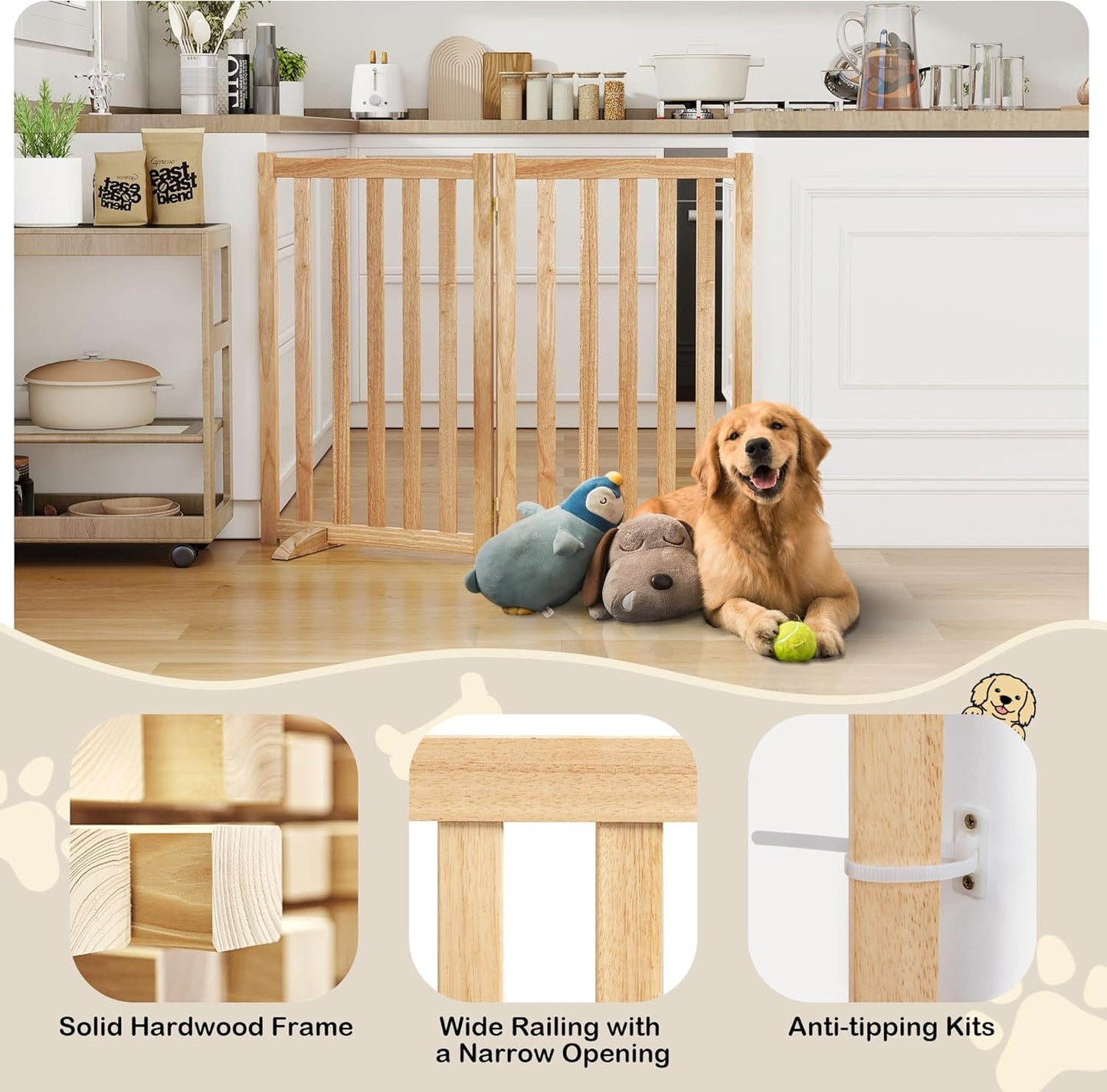 36" Height Extra Tall Freestanding Pet Gate, Solid Wood Folding Safety Fence Wooden Dog Gate with 2 PCs Support Feet Ideal for Stairs, Doorways, Halls, Kitchens, Heavy Duty Gates, 3 Panels, Oak