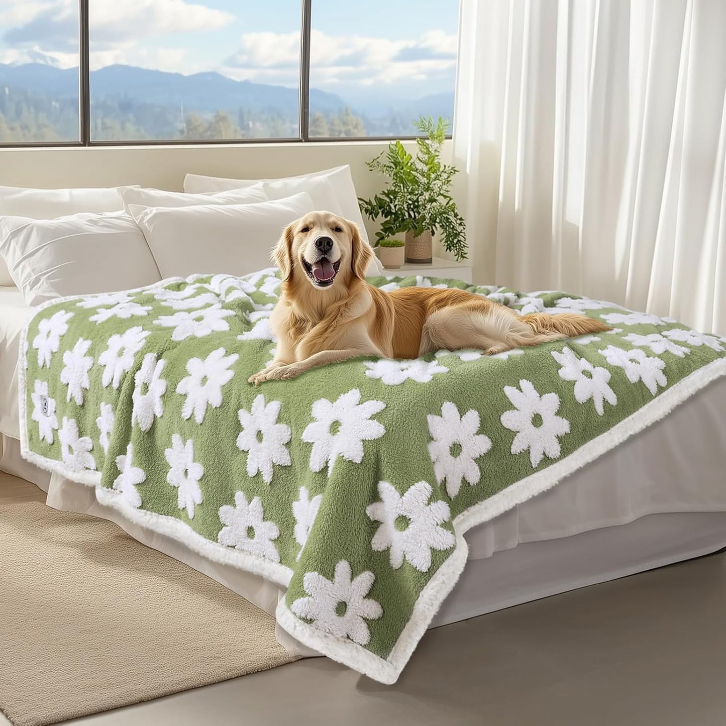 Luciphia Waterproof Pet Blanket for Medium Large Dogs Washable Fluffy Thick Jacquard Shag Fleece Warm Sherpa 3D Textured Flower Print for Cats Puppy Couch Protection (Green,40x28 inches)