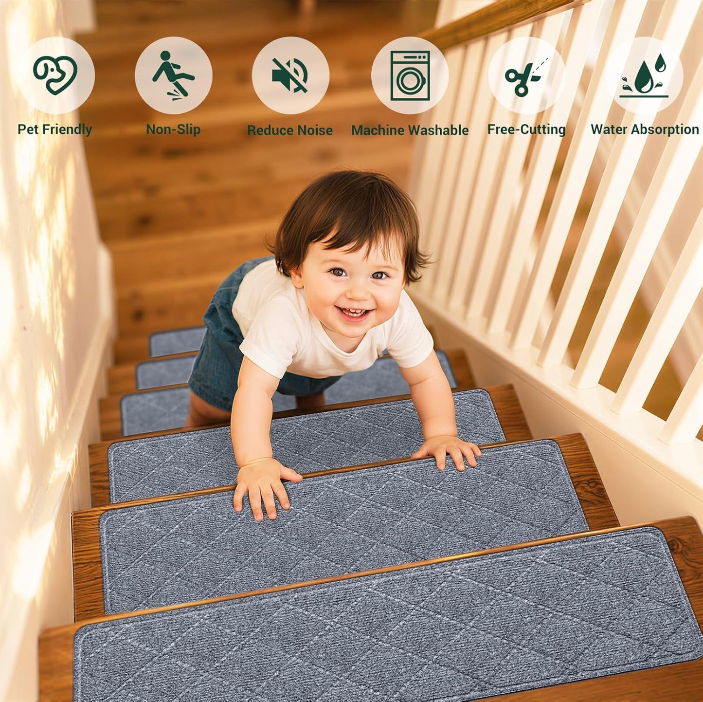 Stair Treads Non-Slip for Wooden Steps, 15Pack - 8" x 30" Edging Stair Runner Indoor for Kids Elders & Pets, Washable Carpet Stair Treads with Peel & Stick Reusable TPE Backing, Beige