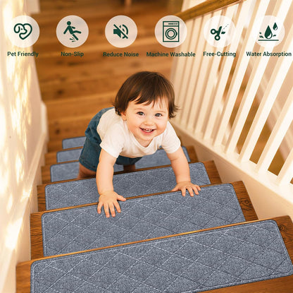 Stair Treads Non-Slip for Wooden Steps, 15Pack - 8" x 30" Edging Stair Runner Indoor for Kids Elders & Pets, Washable Carpet Stair Treads with Peel & Stick Reusable TPE Backing, Beige