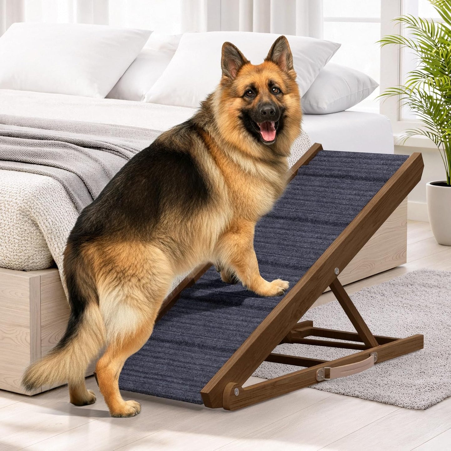 Adjustable Dog Ramp for Bed - 34" Long Foldable Wooden Ramp for Dogs to Get on Bed, Couch, or Car with 12.6" Wide Walking Space (Natural Wood with Gray Carpet)