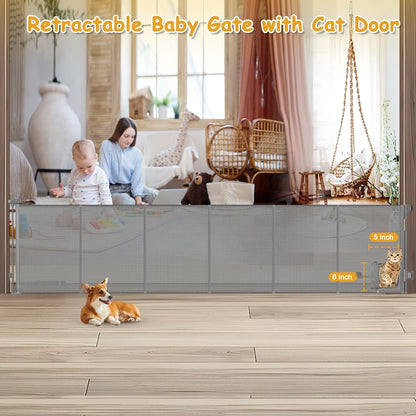 Reinforced 150 Inch Extra Wide Dog Gate with Cat Door 12.5 Ft Extra Long Baby Gates for Large Openings 37” Tall Retractable Pet Gates for Wide Openings Large Pet Gate with Cat Door, Gray