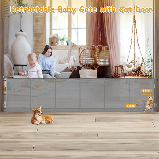 Reinforced 150 Inch Extra Wide Dog Gate with Cat Door 12.5 Ft Extra Long Baby Gates for Large Openings 37” Tall Retractable Pet Gates for Wide Openings Large Pet Gate with Cat Door, Gray