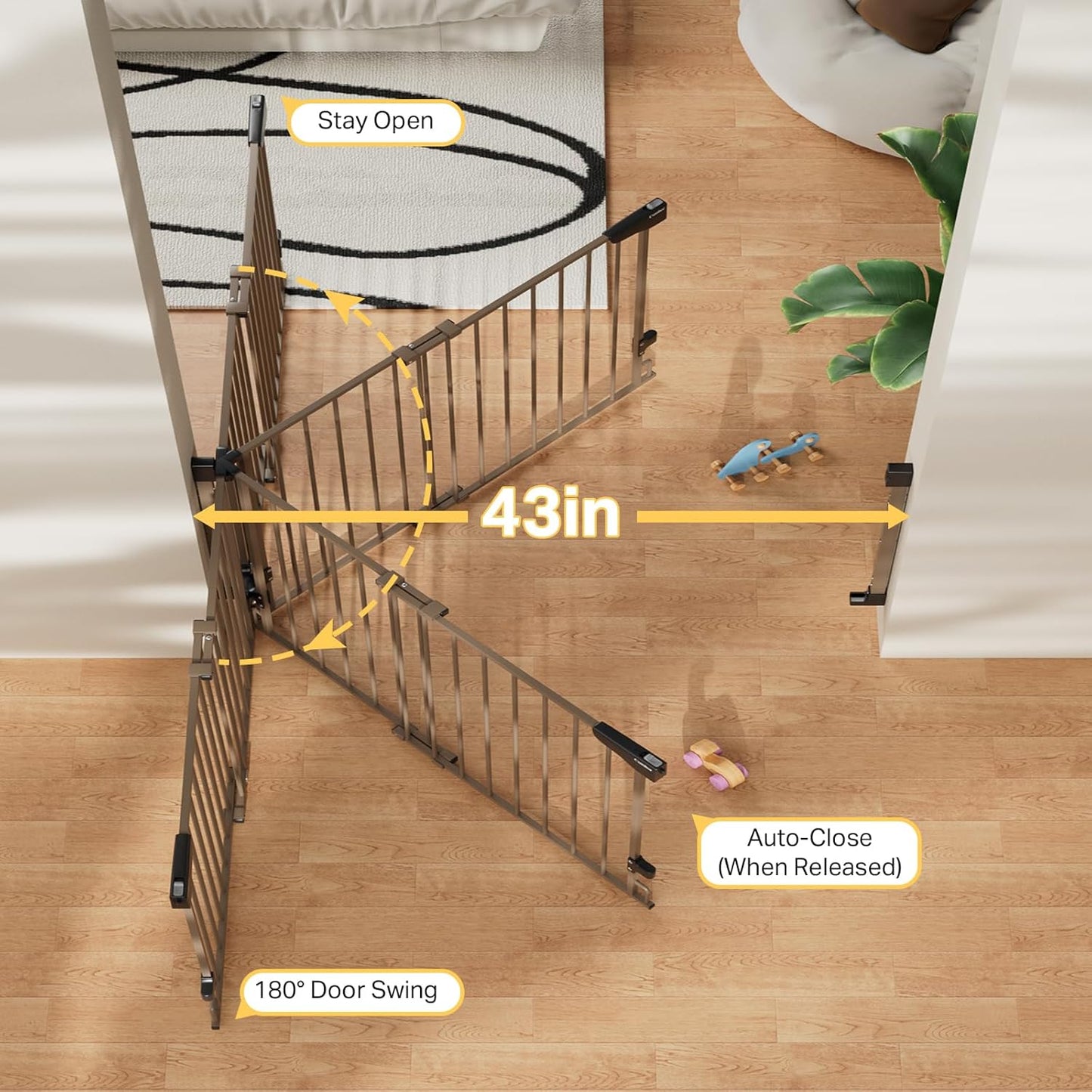 Cumbor 29.2–43" Baby Gate for Stairs, Hardware Mounted (Drill Required), Expandable No Bottom Bar Dog Gate, Auto Close Extra Wide Walk Thru, Pet & Toddler Proof Gate, Top & Bottom of Stairways(Black)
