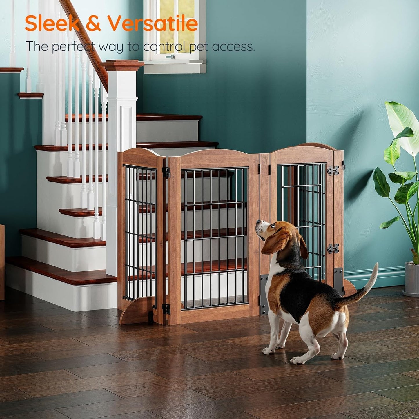 HOOBRO Dog Gate with Door Walk Through, 24.8'' Tall Freestanding Pet Gate with 2 Support Feet, Foldable Dog Fence Indoor, 360° Rotating Hinges, for Doorways, Stairs, Walnut BH85PP03