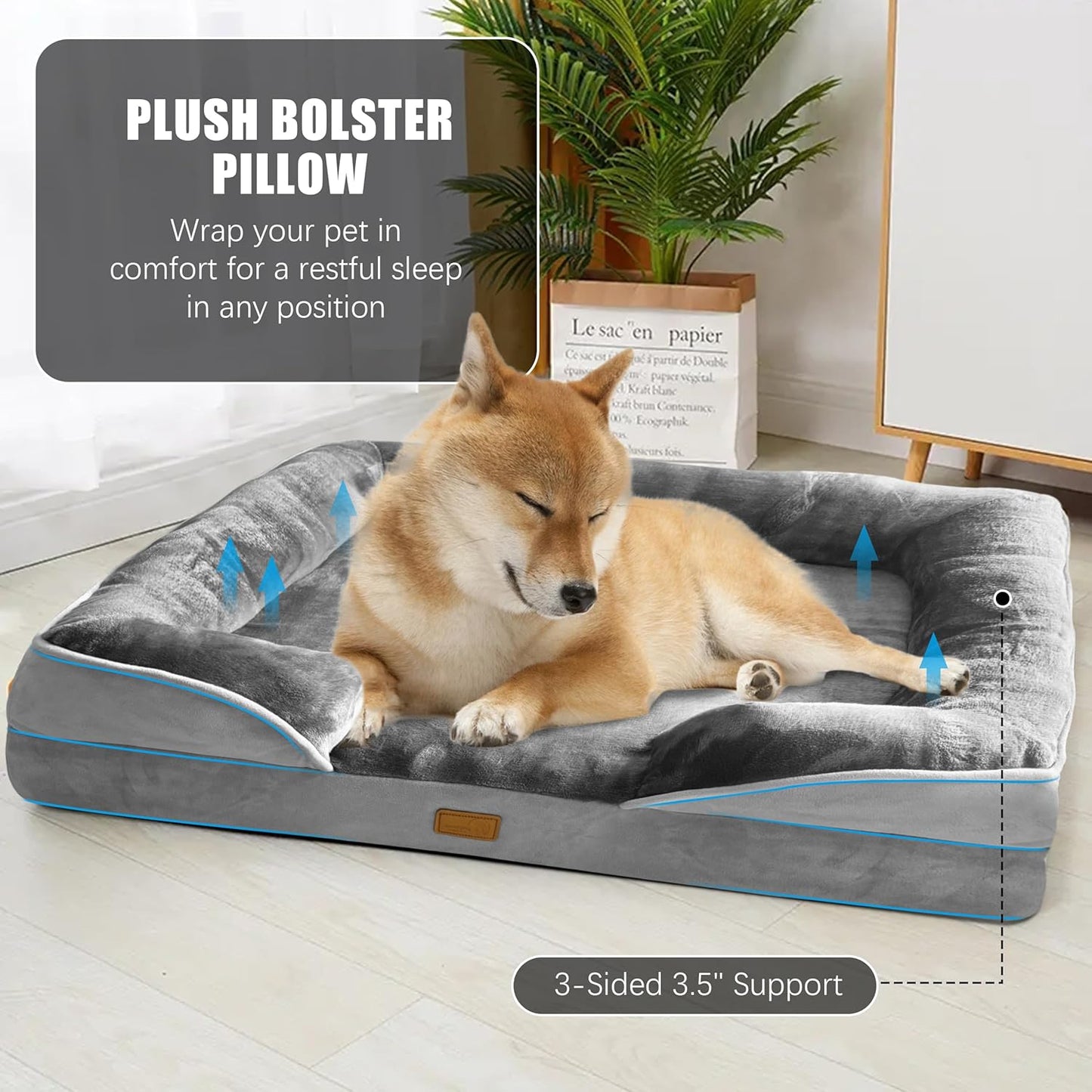 Spotted Play Orthopedic Dog Bed with Sides - Dog Sofa Beds for Medium Dogs, Supportive Foam Pet Couch Bed with Washable Removable Cover, Waterproof Lining and Non-Slip Bottom, Grey - M