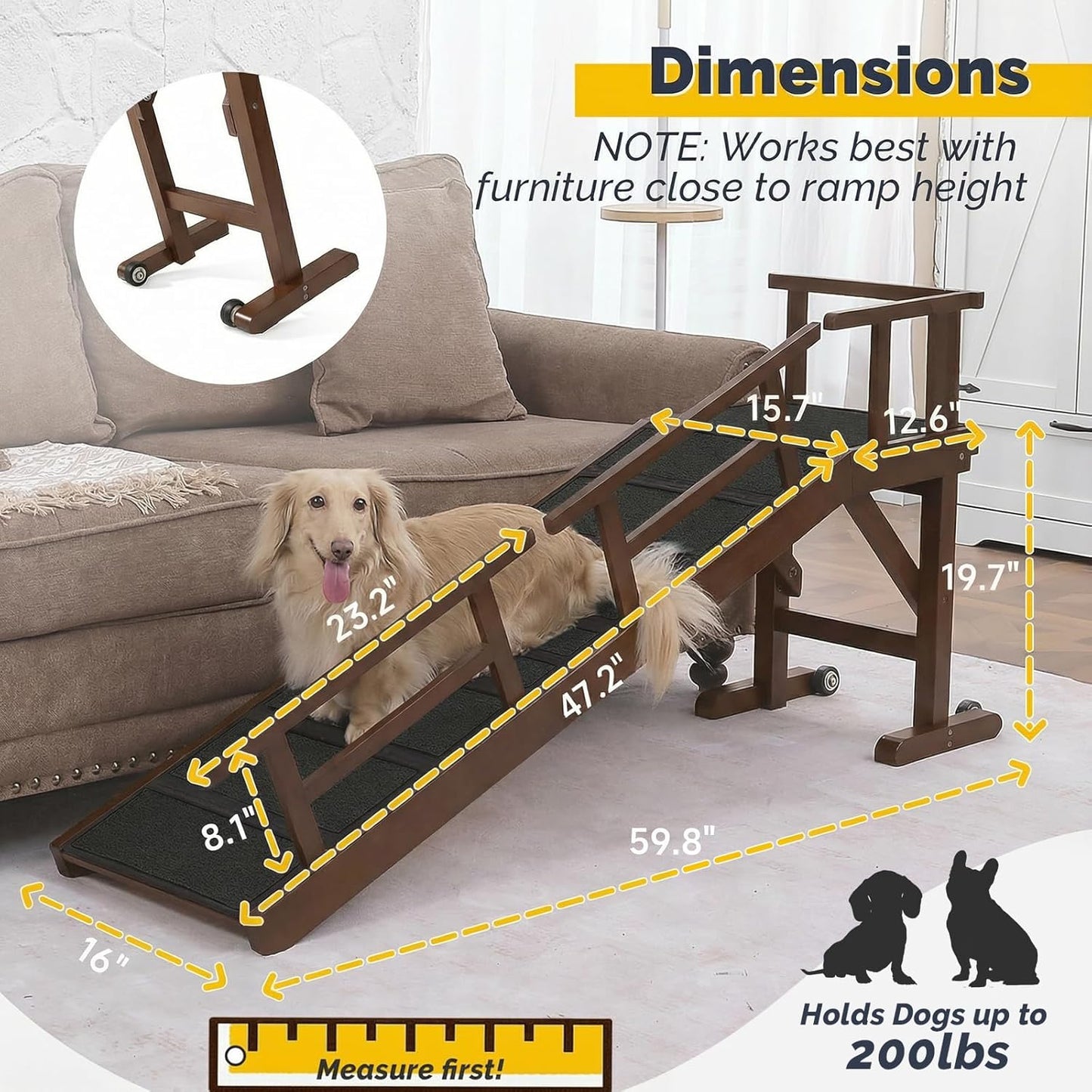 Dog Ramp for Bed or Couch, Wooden Pet Ramp with 20° Gentle Slope, Removable Side Rails, Non-Slip Surface, Top Platform & Wheels, Safe Bed Ramp for Small, Large & Senior Dogs, 60" Long, Mahogany