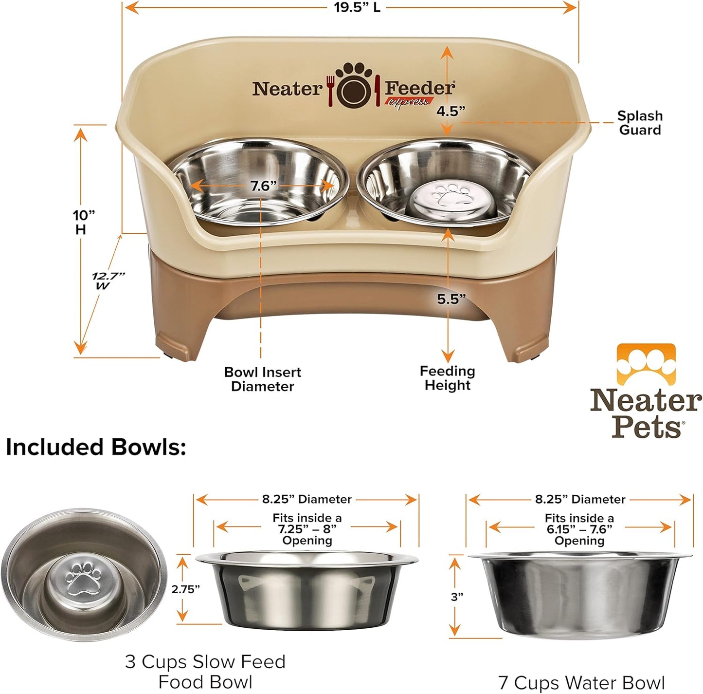 Neater Feeder Express Mess Proof Dog Bowls Elevated for Small Breeds under 15 Lb, Made in USA, No Spill Raised Dog Food Bowl Stand, Stainless Steel Food and Water Bowl Set, Feeding Station, Cappuccino