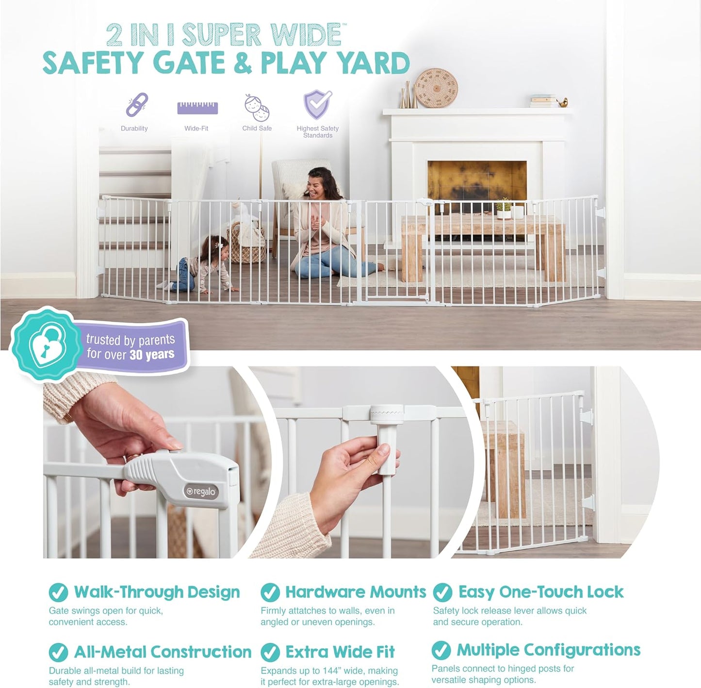 Regalo Safety 28"-76” Super Wide Configurable Baby Gate for Doorways & Open Spaces, 3-Panel Wall Mounted Safety Gate with Door for Babies, Toddlers & Pets, Includes Wall Mount Hardware