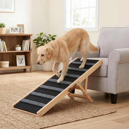 Dog Ramp for Bed, for Couch, 47.24" Long Wooden Pet Ramp for Small & Large Dogs to Get on Bed Couch Car Up to 200LBS, 4 Adjustable Heights (13.7"-24.6"), Foldable Dog Bed Ramp with Anti-Slip Surface