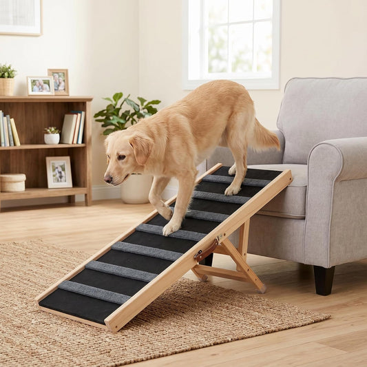 Dog Ramp for Bed, for Couch, 47.24" Long Wooden Pet Ramp for Small & Large Dogs to Get on Bed Couch Car Up to 200LBS, 4 Adjustable Heights (13.7"-24.6"), Foldable Dog Bed Ramp with Anti-Slip Surface