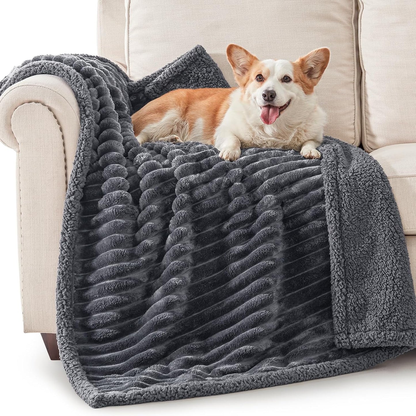 AIPERRO Waterproof Dog Blanket for Large Dogs, Washable Soft Puppy Cat Blanket Flannel Cotton Velour for Sofa Couch Protector, Comfort & Security Reversible Bed Protection for Pet, 50"X60", Gray