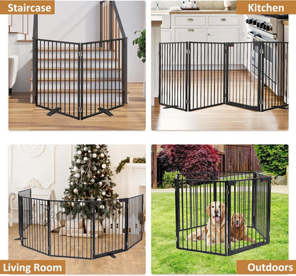 Metal Freestanding Dog Gates,Extra Wide 24", 32" Height Foldable Dog Fence for Indoor & Outdoor, Heavy Duty Freestanding Pet Barrier for Stairs, Doorways, Halls, Kitchen,Yard