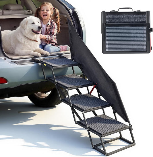VEVOR Dog Stairs for Car, 4 Steps Extra Wide Foldable Dog Ramp for Large Dogs with Non-Slip Rug Surface, Portable Lightweight Pet Ladder for Car, SUV, Truck, High Beds, Sofas, Support up to 400 lbs
