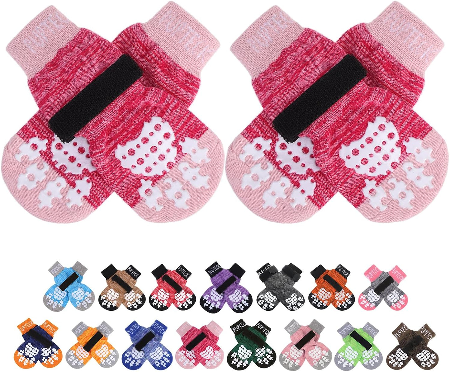 PUPTECK Anti-Slip Dog Socks with Double Sides Grips for Small Medium Large Dogs Hardwood Floors Prevents Licking, Dog Shoes for Hot Pavement Traction Control Paw Protector for Senior Dogs, Grey L