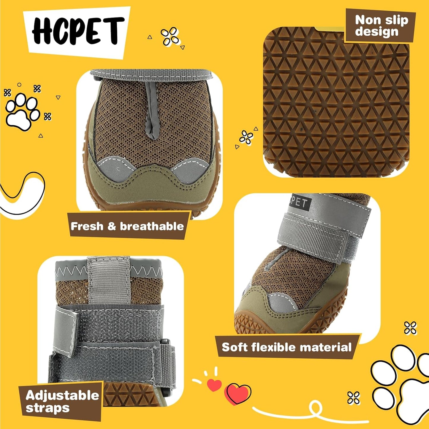 Hcpet Dog Shoes for Dogs, Dog Booties for Dogs, Anti-Slip Dog Boots & Paw Protectors for Hot Pavement Winter Snow Hiking with Reflective Straps Khaki Size 6, 4PCS