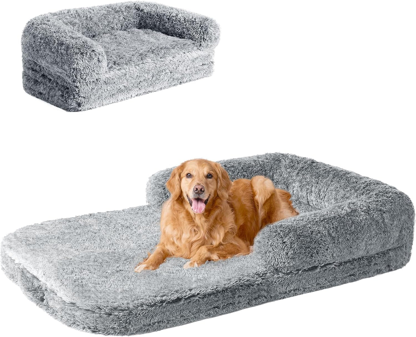 EHEYCIGA Foldable XXL Dog Bed for Large Sized Dog, 54"x38"x7.5" Faux Fur Fluffy Pet Couch Bed, Orthopedic Calming Memory Foam Big Pet Bed, Washable Pet Sofa Bed with Non-Slip Bottom, Dark Grey