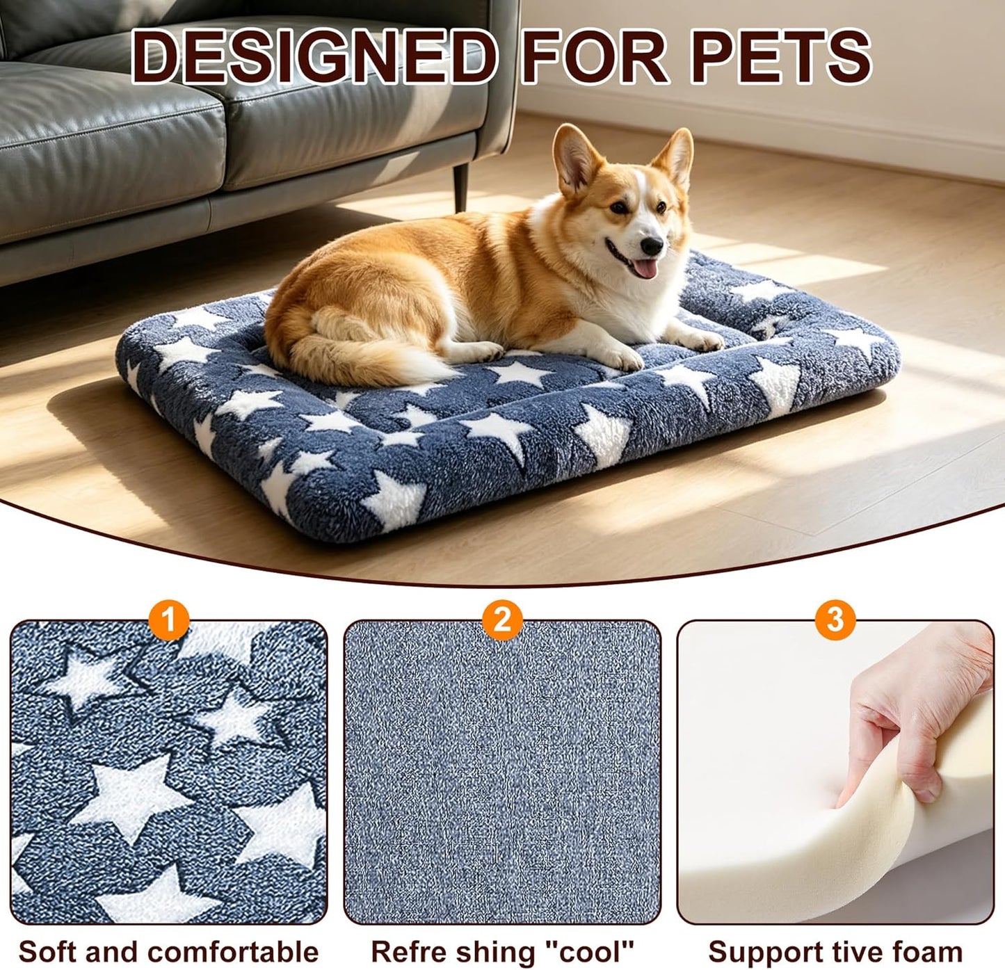 Dog Bed Mat, Reversible Crate Pad & Cute Dog Bed - Machine Washable Kennel Mat with Ultra Soft for Small Dogs (Cool/Warm), 24" x 18", Grey&Star